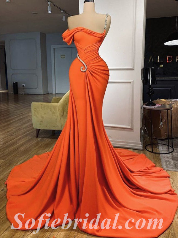 Elegant Orange Satin One Shoulder Sleeveless Mermaid Long Prom Dresses With Decoration,SFPD0398 Elegant Orange Satin One Shoulder Sleeveless Mermaid Long Prom Dresses With Decoration,SFPD0398