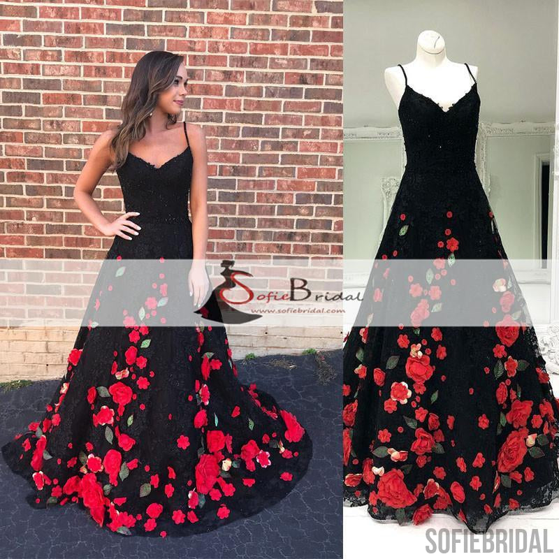 Black Lace Handmade Flowers Prom Dresses, A-line Prom Dresses, Lovely Prom Dresses, PD0464