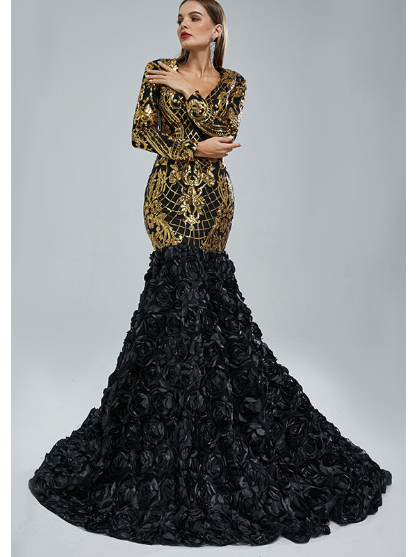 Elegant Black-Gold Long Sleeve V-Neck Mermaid Long Prom Dresses,SFPD03 – SofieBridal