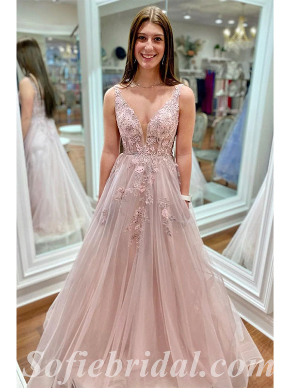 Elegant Tulle Spaghetti Straps V-Neck Sleeveless A-Line Long Prom Dresses With Applique And Beading,SFPD0542