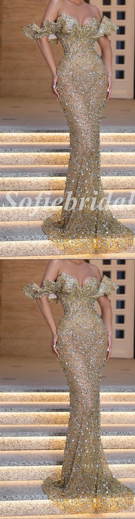 Sexy Sequin Off Shoulder V-Neck Sleeveless Mermaid Long Prom Dresses With Beading,PD0750
