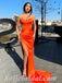 Sexy Orange Satin Spaghetti Straps V-Neck Sleeveless Side Slit Mermaid Long Prom Dresses,SFPD0552