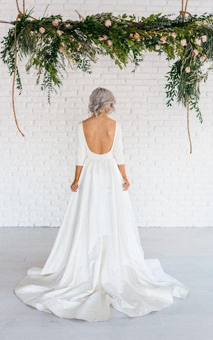 Scoop Neckline 3/4 Sleeves Long A-line Backless Wedding Dresses, WD0274