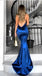 Sexy Dark Blue Satin Spaghetti Straps V-Neck Open Back Mermaid Prom Dress,SFPD0185