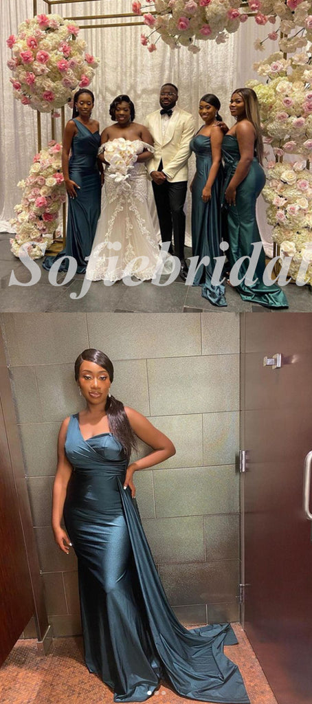 Sexy Soft Satin One Shoulder Mermaid Floor Length Bridesmaid Dressses With Trailing,SFWG00490