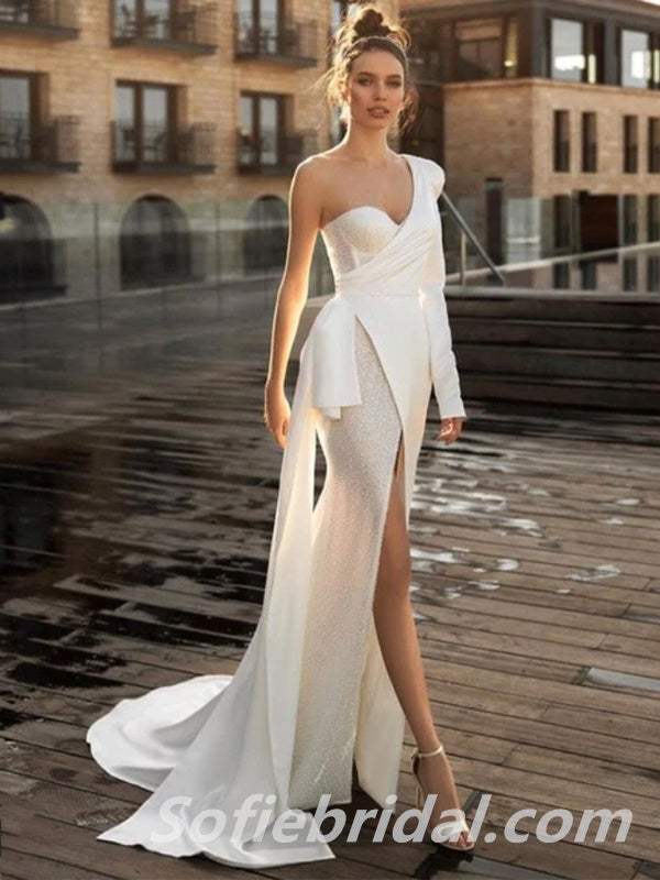 Sexy White Sequin and Satin One Sleeve Side Slit Mermaid Long Prom Dresses,SFPD0226