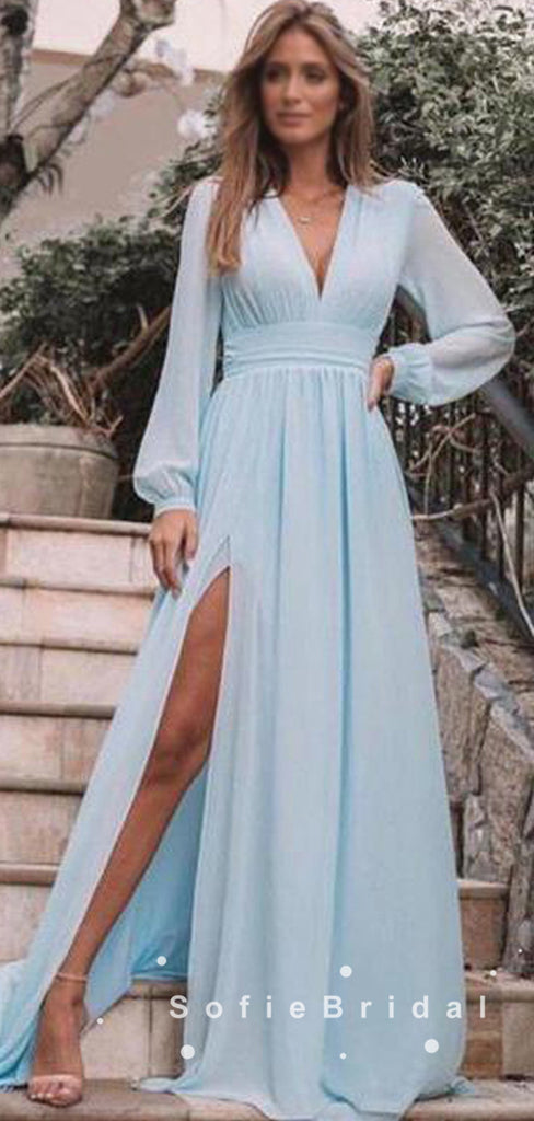 Simple A-Line V-Neck Long Sleeves Chiffon Split Side Long Prom Dresses,SFPD0004