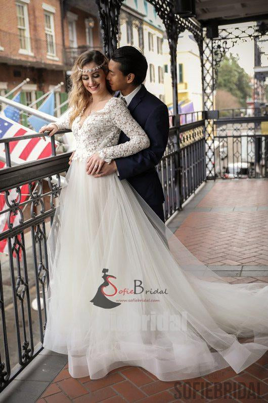 V-neck Long Sleeve Lace Tulle Wedding Dresses, Elegant V-back Wedding Dresses, WD0247