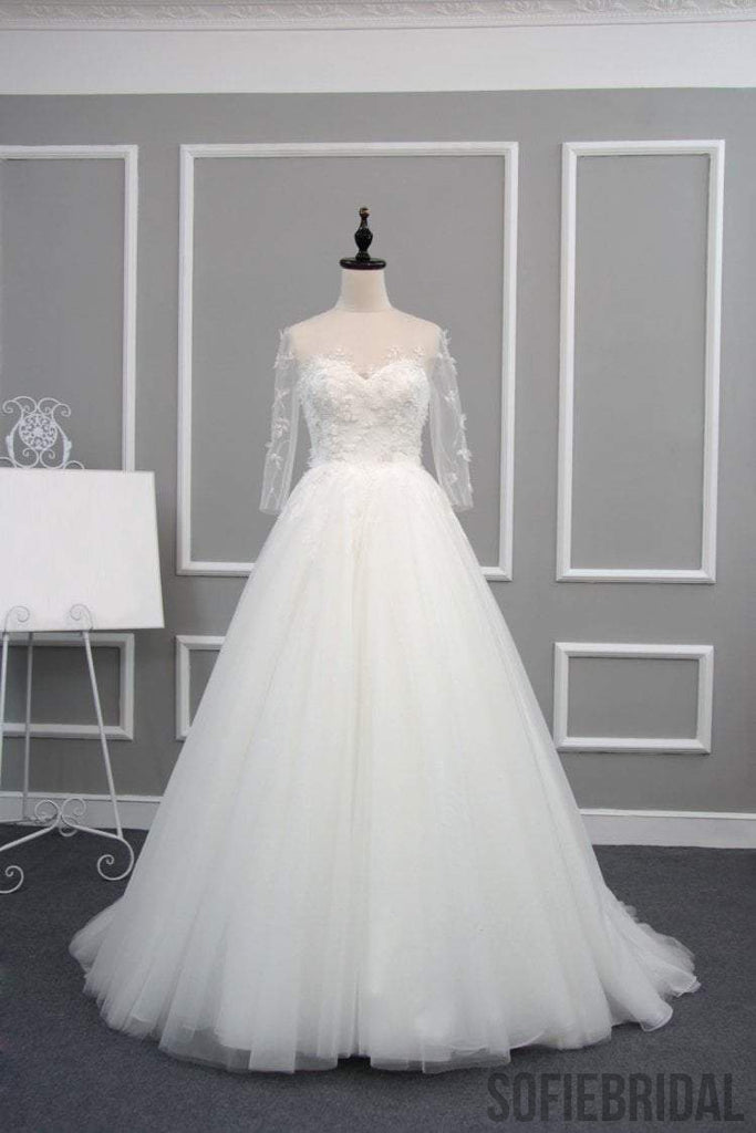 New Arrival Half Sleeve A-line Lace Tulle Zip Up Wedding Dresses, Popular Bridal Gown, WD0235