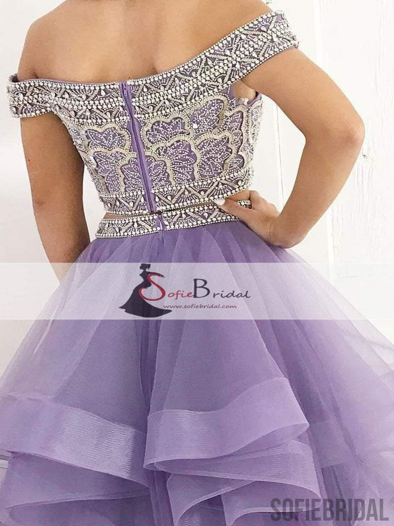 2 Pieces Beaded Top Prom Dresses, Orr Shoulder Purple Organza Prom Dresses, PD0428