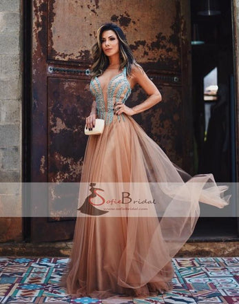 Simple Elegant Tulle Beaded Prom Dresses, Backless Prom Dresses, Cheap Prom Dresses, PD0414