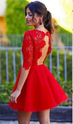 Red Sexy Long sleeve open back lace homecoming prom dresses, CM0002 SofieBridal Red Sexy Long sleeve open back lace homecoming prom dresses, CM0002 SofieBridal