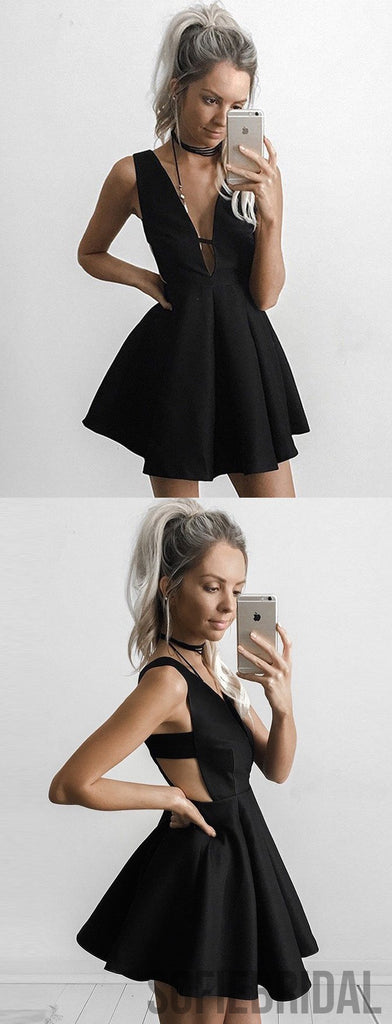 A-line Deep V-neck Simple Cheap Black Homecoming Dresses, HD0122
