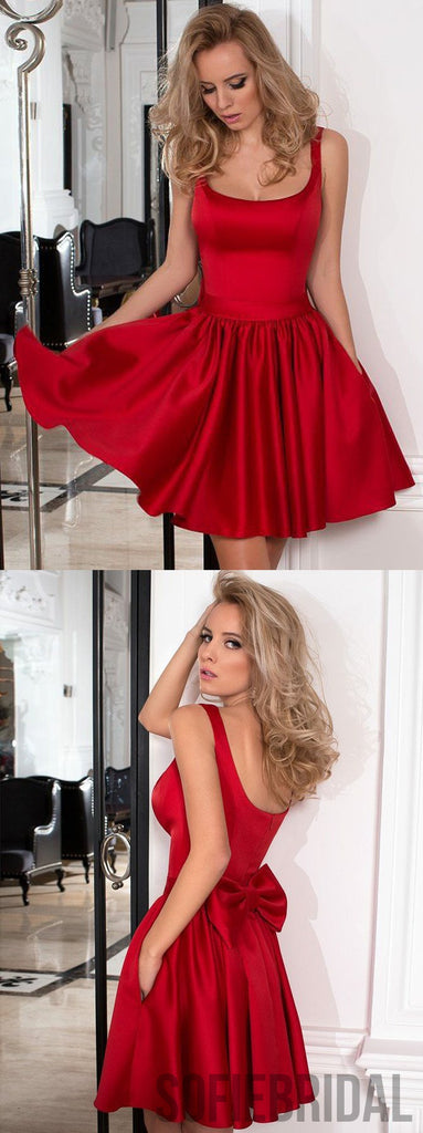 A-line Square Neck Red Satin Homecoming Dresses With Bow, HD0120
