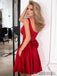 A-line Square Neck Red Satin Homecoming Dresses With Bow, HD0120