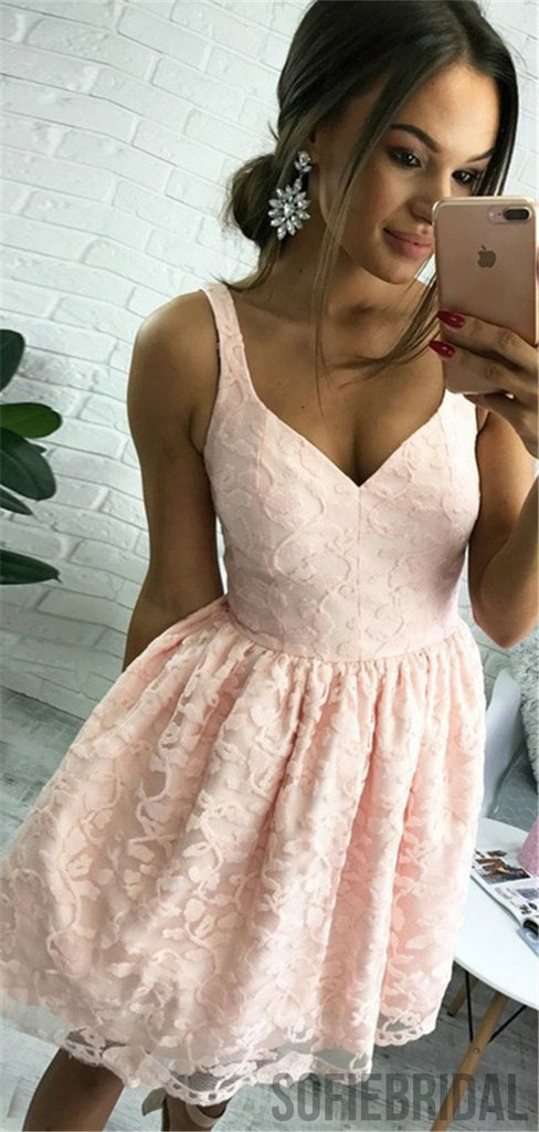 A-Line V-neck Straps Pink Lace Cheap Short Homecoming Dress, HD0124