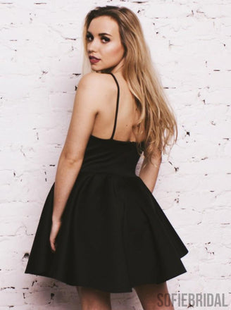 A-Line Spaghetti Straps Black Satin Short Homecoming Dress, HD0142