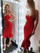 Sheath Spaghetti Straps Red Satin Homecoming Dress With Ruffles, HD0143