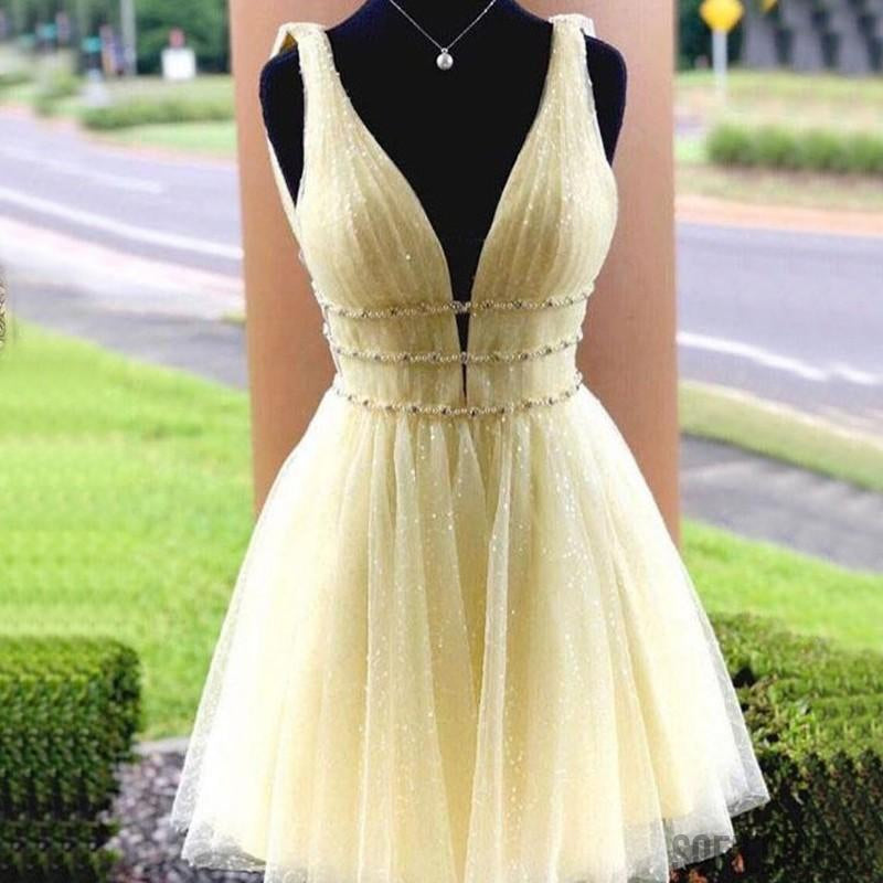 A-line V-neck Sparkly Yellow Tulle Beading Short Homecoming Dress, HD0 ...