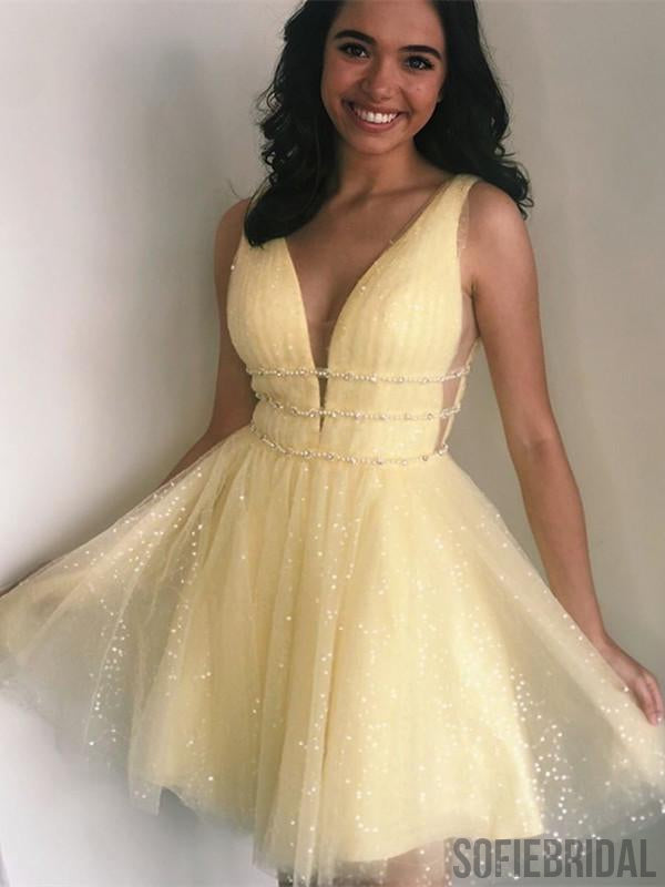 A-line V-neck Sparkly Yellow Tulle Beading Short Homecoming Dress, HD0 SofieBridal A-line V-neck Sparkly Yellow Tulle Beading Short Homecoming Dress, HD0 SofieBridal