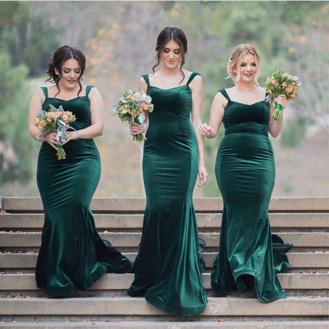 Long Elegant Green Velvet Strap Mermaid Bridesmaid Dresses, Popular Bridesmaid Dresses , PD0303