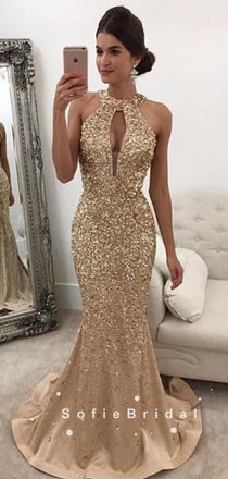 Mermaid Halter Beaded Custom Long Prom Dresses,SFPD0041