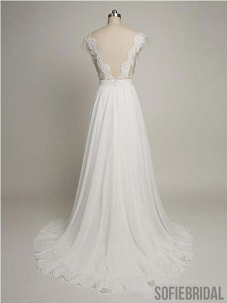Backless V Neck Cap Sleeve Lace Simple Cheap Beach Wedding Dresses, WD323