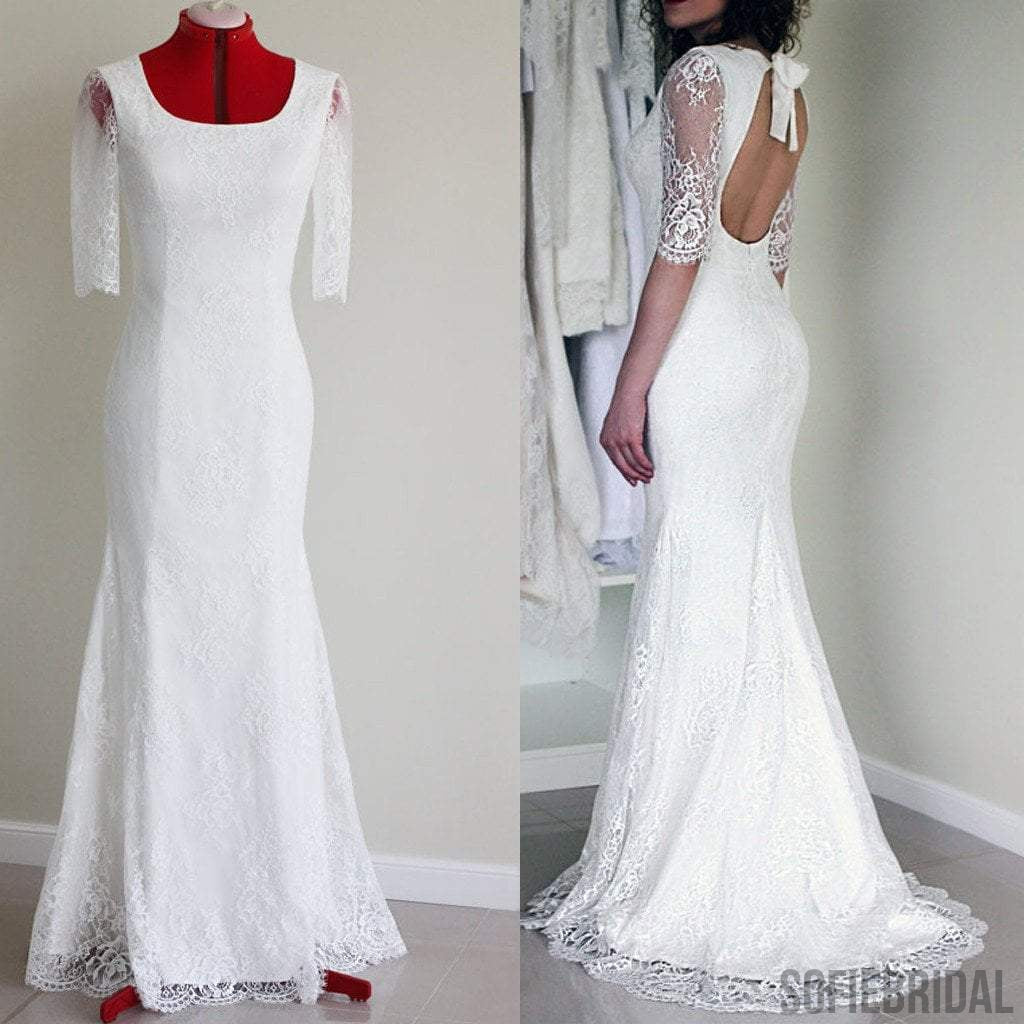 Popular Half Sleeve Sexy Long Mermaid Open Back White Lace Wedding Party Dress, WD0041