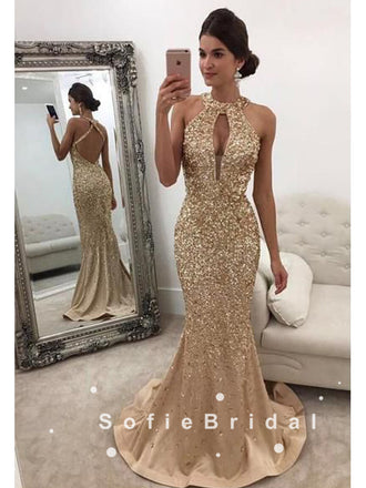 Mermaid Halter Beaded Custom Long Prom Dresses,SFPD0041