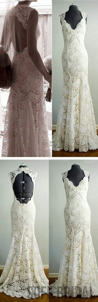 Vantage Beige Lace Open Back Long Mermaid Wedding Party Dresses, Bridal Gown, WD0042