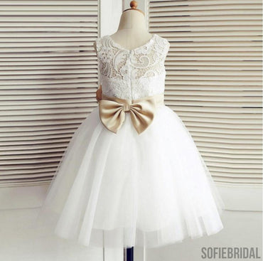 Lace Top Tulle Flower Girl Dresses, Popular Zip Up Knot Bow Little Girl Dresses , FG077