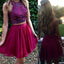 Short purple two pieces beaded halter lovely freshman charming homecoming prom dress,BD0042