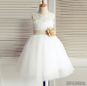 Lace Top Tulle Flower Girl Dresses, Popular Zip Up Knot Bow Little Girl Dresses , FG077