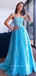 A-Line Spaghetti Straps Blue Tulle Long Prom Dresses With Lace,SFPD0044