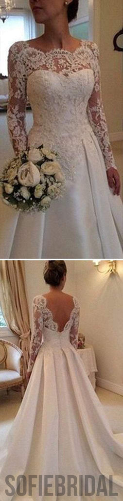 Long A-line Full Length Round Neck Long Sleeve Lace Top Satin Wedding Party Dresses, WD0043