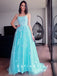A-Line Spaghetti Straps Blue Tulle Long Prom Dresses With Lace,SFPD0044