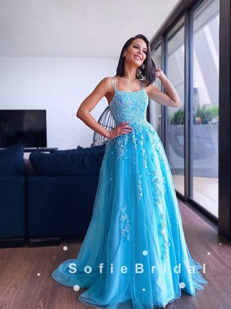 A-Line Spaghetti Straps Blue Tulle Long Prom Dresses With Lace,SFPD0044