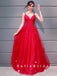 A-Line V-Neck Spaghetti Straps Red Tulle Long Prom Dresses With Lace,SFPD0045