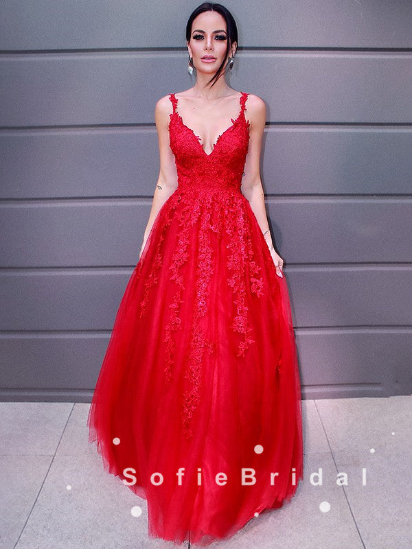 A-Line V-Neck Spaghetti Straps Red Tulle Long Prom Dresses With Lace,SFPD0045