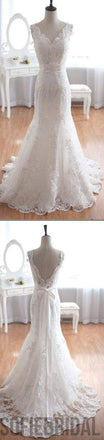 Popular Elegant V-Neck Long Mermaid White Lace Bridal Gown, Wedding Party Dresses , WD0045
