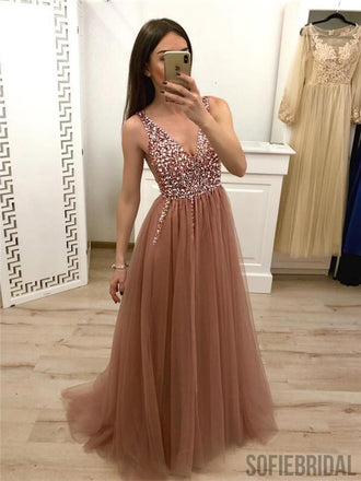A Line V Neck Tulle Long Beaded Cheap Evening Prom Dress, PD0060