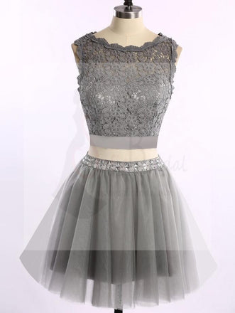 Two pieces grey lace tulle homecoming prom dresses, CM0003