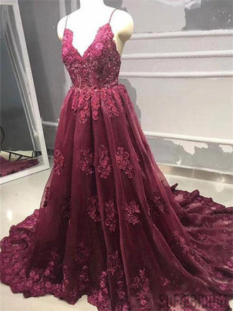 Straps V-neck Backless Burgundy Lace Appliques Prom Dresses, PD0078