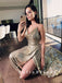 A-Line Spaghetti Straps Cowl Neckline Gold Long Prom Dresses With Slit,SFPD0047