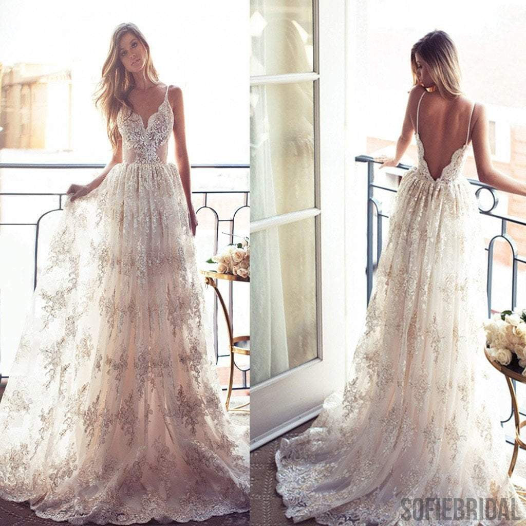 Long A-line Spaghetti V-back Sexy Lace Bridal Gown, Wedding Party Dress, WD0046