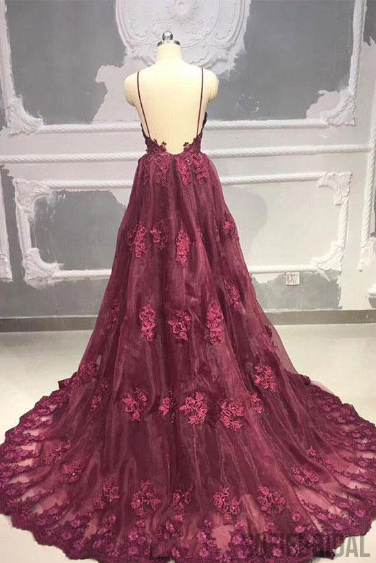 Straps V-neck Backless Burgundy Lace Appliques Prom Dresses, PD0078