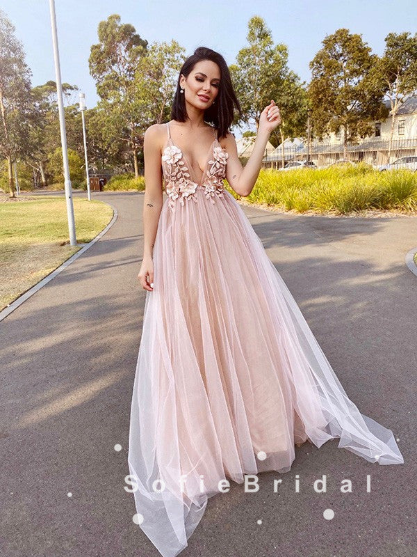 A-Line Deep V-Neck Spaghetti Straps Tulle Prom Dresses With Appliques,SFPD0048