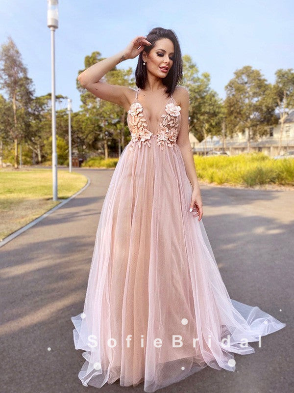 A-Line Deep V-Neck Spaghetti Straps Tulle Prom Dresses With Appliques, SofieBridal A-Line Deep V-Neck Spaghetti Straps Tulle Prom Dresses With Appliques, SofieBridal
