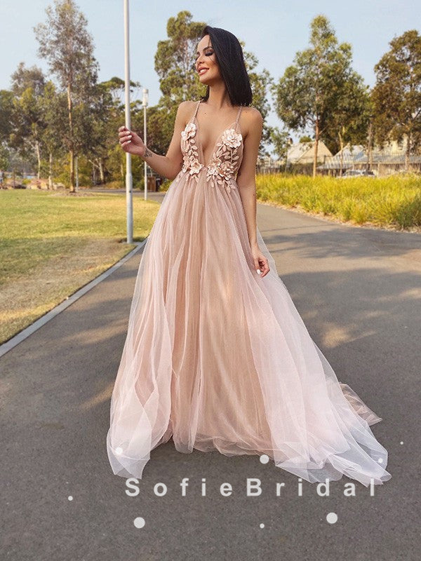 A-Line Deep V-Neck Spaghetti Straps Tulle Prom Dresses With Appliques,SFPD0048
