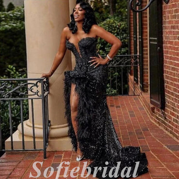 Sexy Black Sequin Sweetheart V-Neck Sleeveless Side Slit Mermaid Long prom Dresses With Feather,SFPD0711